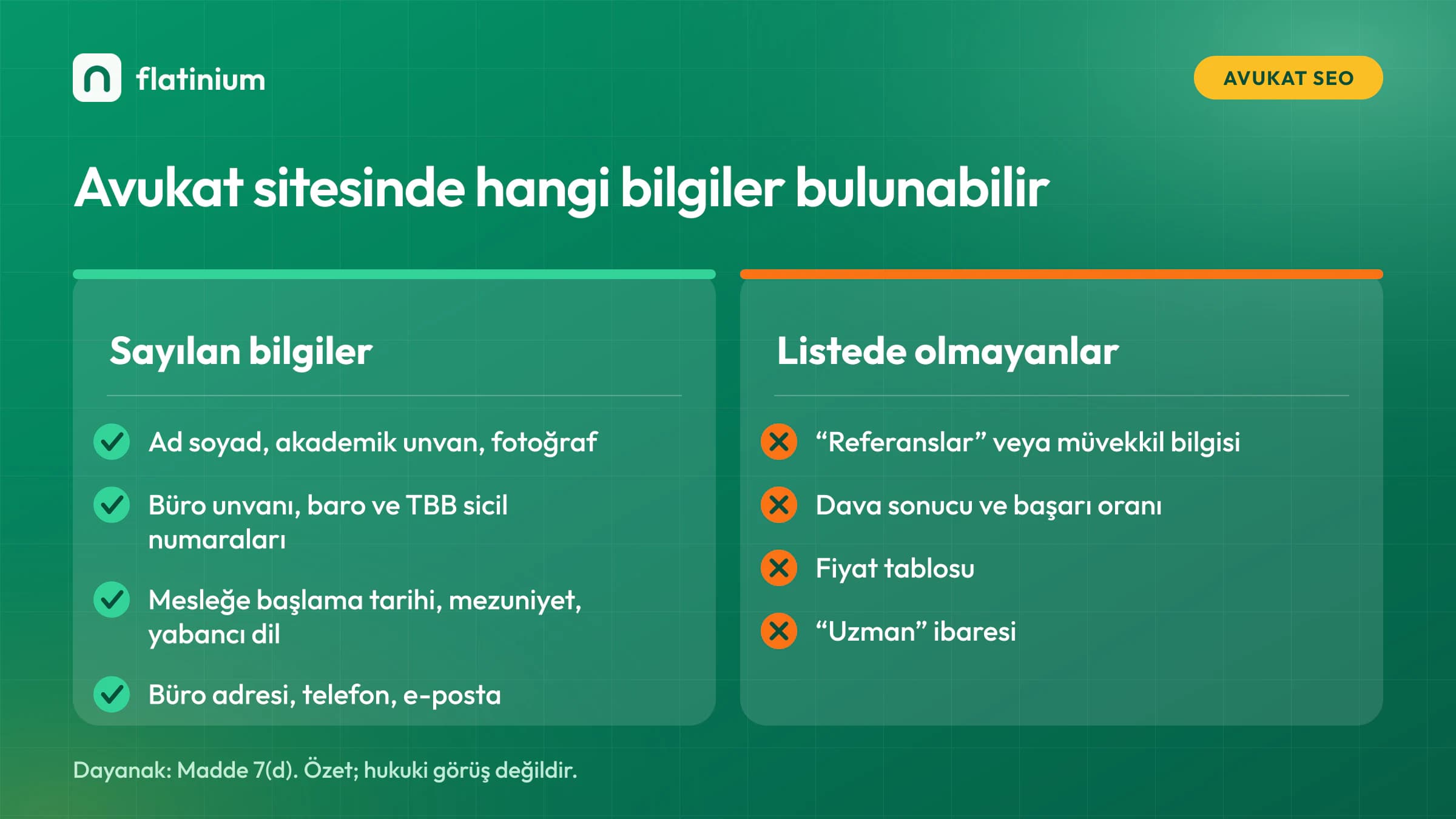 Avukat internet sitesinde bulunabilecek bilgiler ve Madde 7(d) uyarınca listede olmayan referans, dava sonucu, fiyat tablosu ve uzman ibaresi