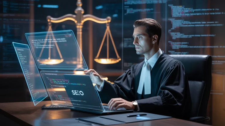 Bir avukatın web sitesinin arama sonuçlarında üst sıralarda çıkması için uygulanan 2025 yılına özel SEO tekniklerini temsil eden dijital konsept görsel