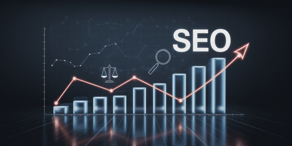 Adalet temalı ikonlarla desteklenmiş, uzun kuyruklu anahtar kelime görünürlüğünü gösteren dijital SEO grafiği.